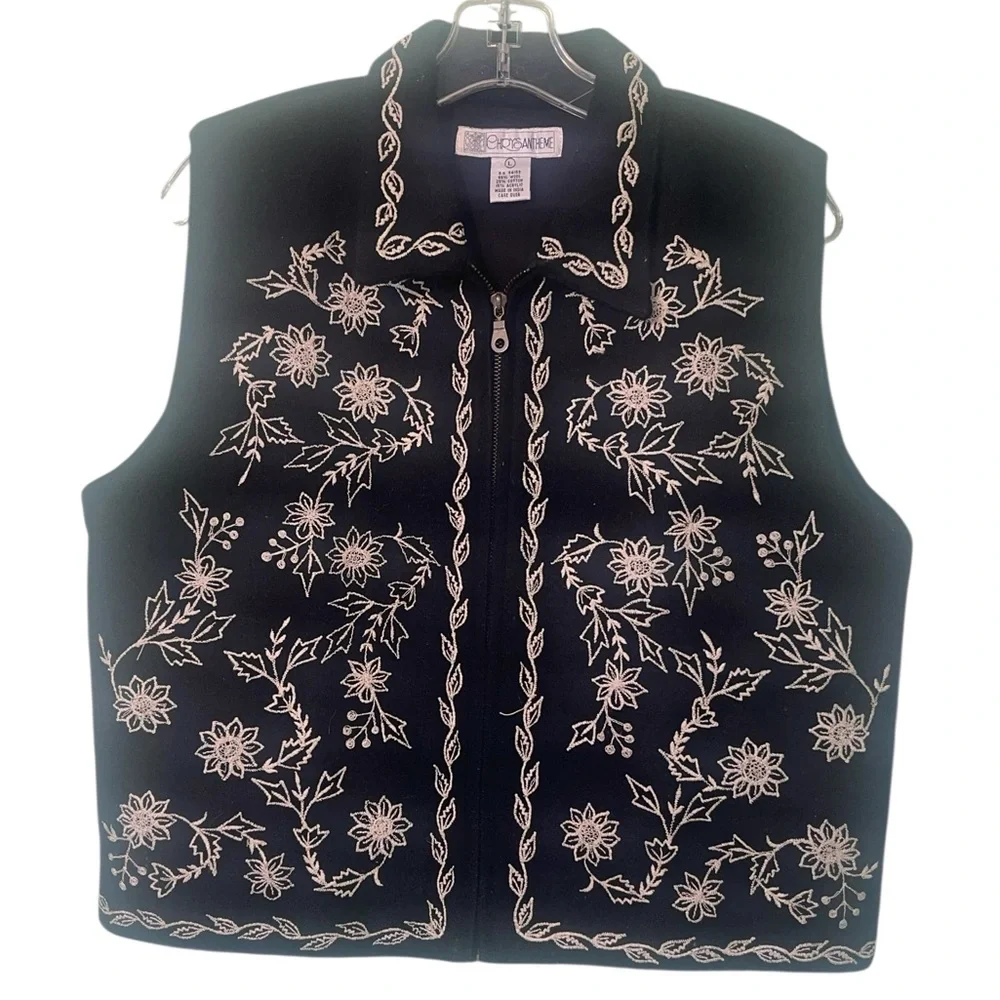 Chrysantheme vintage wool blend vest with cream embroidery. Size large GUC - Picture 7 of 9